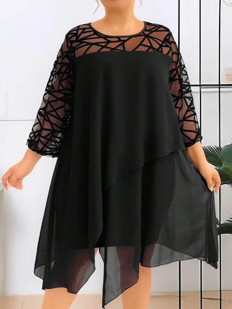 Plus Size Mesh Splice Round Neck Asymmetrical Hem Summer Dress