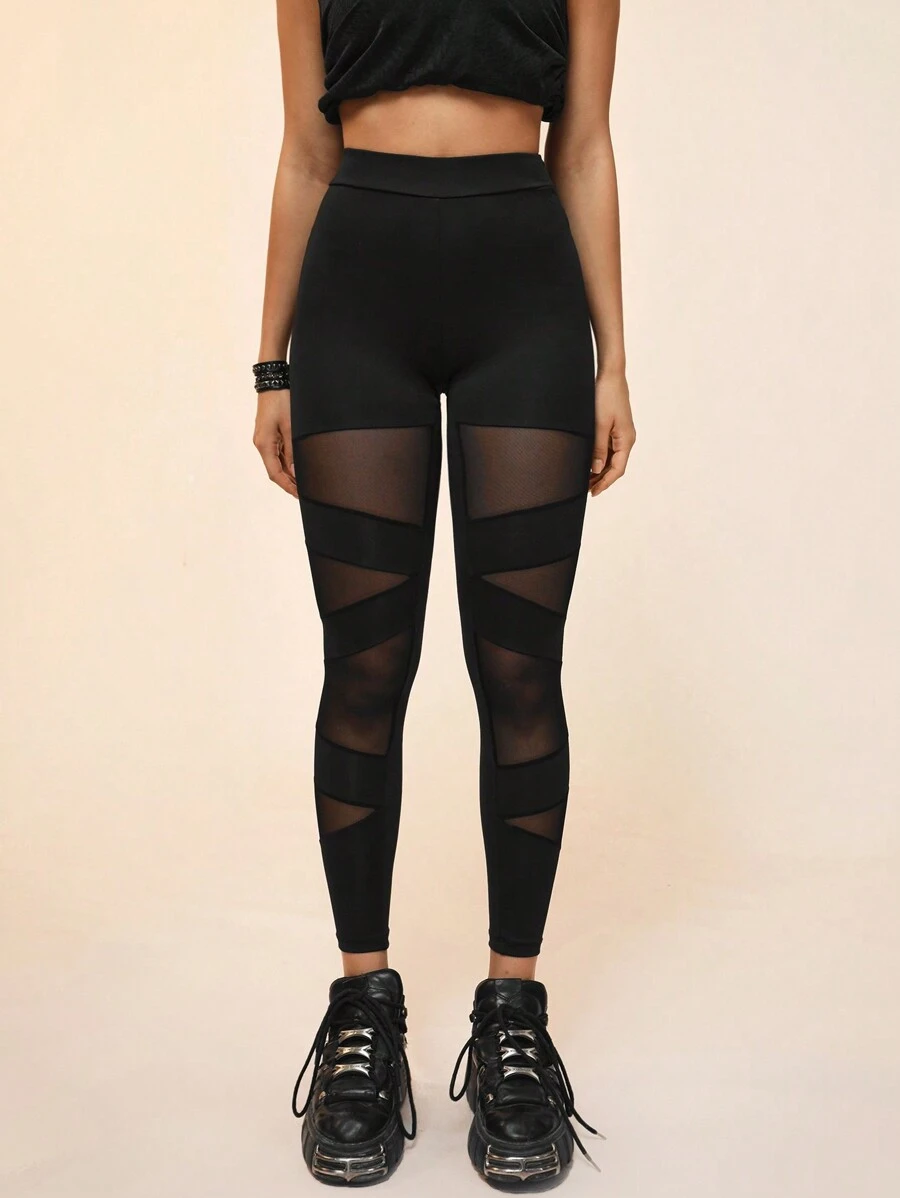 Menodora SHEIN Sport 女士时尚纯色网眼拼接绑带设计紧身裤，运动瑜伽裤 - 黑色 - 查看 1