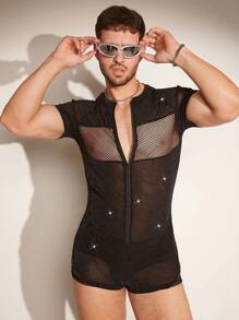 FeverCity Men Summer Sexy Fishnet Patchwork Short Sleeve Jumpsuit - Black - View 5