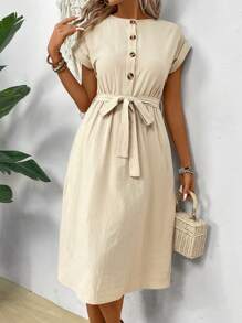 EMERY ROSE Của phụ nữ Vòng cổ Nút phía trước Thắt lưng Đầm giản dị - Màu be - Xem 1