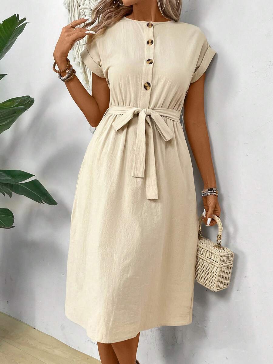 EMERY ROSE Của phụ nữ Vòng cổ Nút phía trước Thắt lưng Đầm giản dị - Màu be - Xem 1