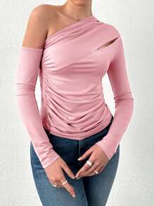 Women's Oblique Shoulder Slim Fit Hollow Out T-Shirt