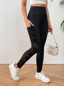 SHEIN LUNE Women's Tight-Fitting Sports Leggings With Pockets For Daily Wear - Black - View 5