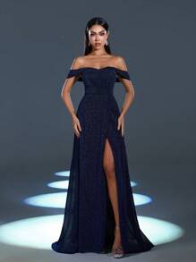 Faeriesty 亮片露肩正式舞会礼服 - 藏蓝色 - 查看 2