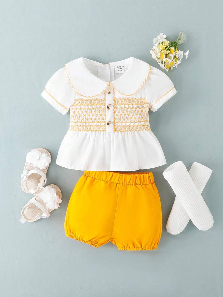 Elegant Palace-Style Embroidered Top And Shorts Set For Baby Girls' Summer