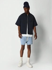 SUMWON Camisa de nailon con cremallera y ajuste cuadrado con estampado gráfico en la espalda - Azul - Ver 4