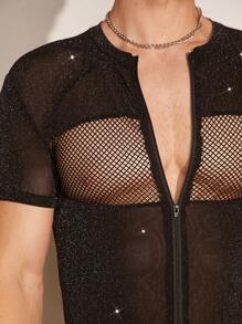 FeverCity Men Summer Sexy Fishnet Patchwork Short Sleeve Jumpsuit - Black - View 4