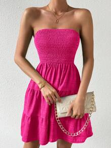 Chiquease 女士時尚無肩帶多層褶邊洋裝 - 玫紅色 - 查看 6