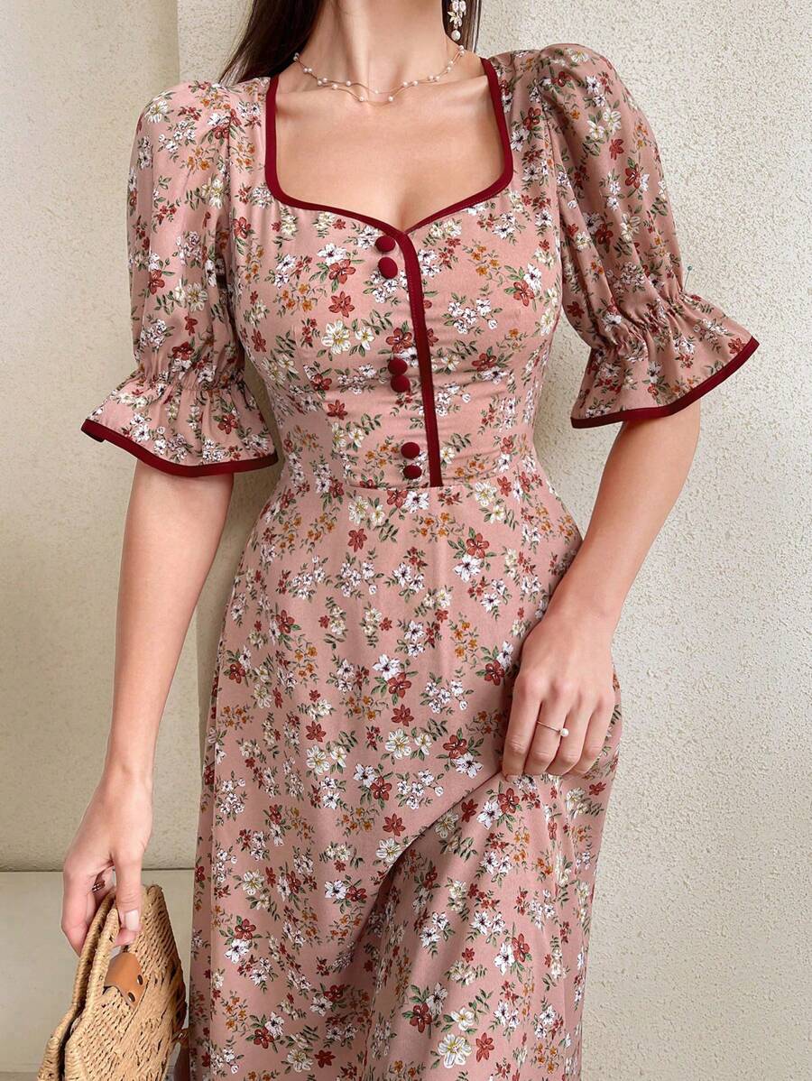 Modelyn Women's Bubble Sleeve Floral Dress With Contrast Edge Maxi Women Outfit Long Evening Dresses - Pink - View 1