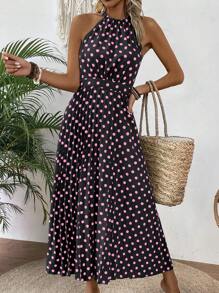 Breezaya Váy xếp ly không tay in họa tiết chấm bi cho nữ, trang phục ngày lễ thắt eo - màu đen - Xem 3