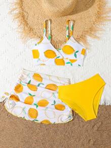 SHEIN Tween Girl Separated Bikini Set, Random Printed, 3pcs/Set Summer Beach