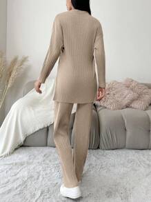 EURMUSE Cotton Ribbed Knit Drop Shoulder Tee & Pants - Coffee Brown - View 2