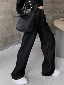 休闲复古百搭女式宽松口袋牛仔裤 - 黑色 - 查看 5