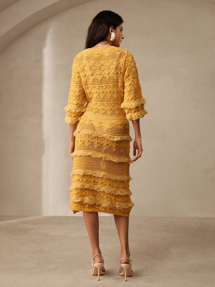 Sexy Hollow Out & Tassel Design Lady Bodycon Midi Dress For Summer Beach Vacation