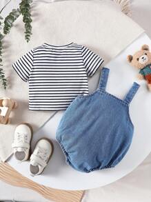 SHEIN Fashionable Striped Short Sleeve T-Shirt And Overalls Set For Baby Boy - Blue - View 2