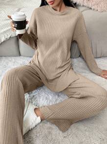EURMUSE Cotton Ribbed Knit Drop Shoulder Tee & Pants - Coffee Brown - View 5