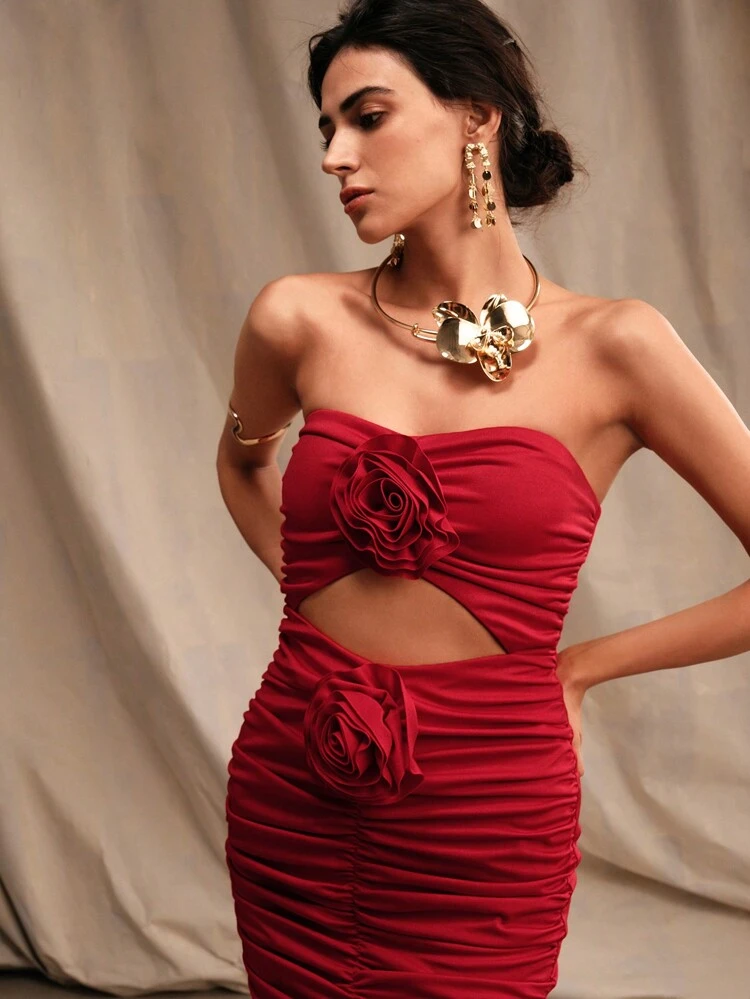 Banquet Style Exquisite 3D Floral Lace Waist Design Women's Bodycon Dress, Red