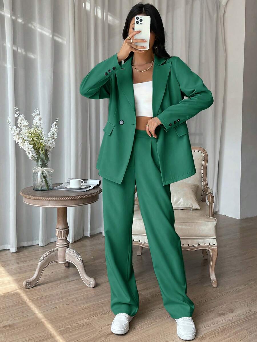 EURMUSE 女士純色休閒西裝外套和長褲2件套裝 - 軍綠色 - 查看 1