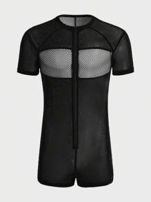 FeverCity Men Summer Sexy Fishnet Patchwork Short Sleeve Jumpsuit - Black - View 6