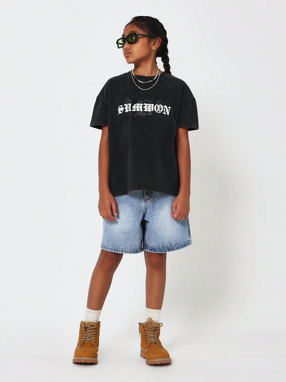 Tween Girls Oversized Fit Washed Shirt With Front Graphic And Back List Print