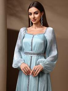 Solessence 女式优雅亮片拼接灯笼袖长裙，春夏，端庄 - 綠色 - 查看 3