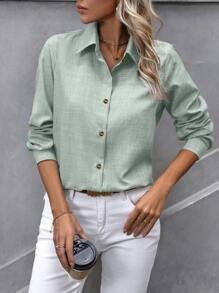 EMERY ROSE Women Solid Color Simple And Versatile Spring/Summer Shirt Fall Cloth For Women - Green - View 4