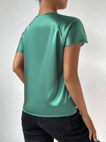 Twist Front Asymmetrical Neck Satin Blouse,Short Sleeve Tops - Teal Blue - View 2