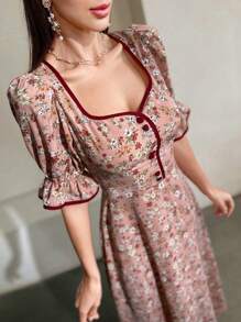 Modelyn Rochie De Dama Bubble Maneca Florala Cu Margine Contrast Maxi Tinuta Femei Rochii De Seara Lungi - Roz - Vizualizare 6