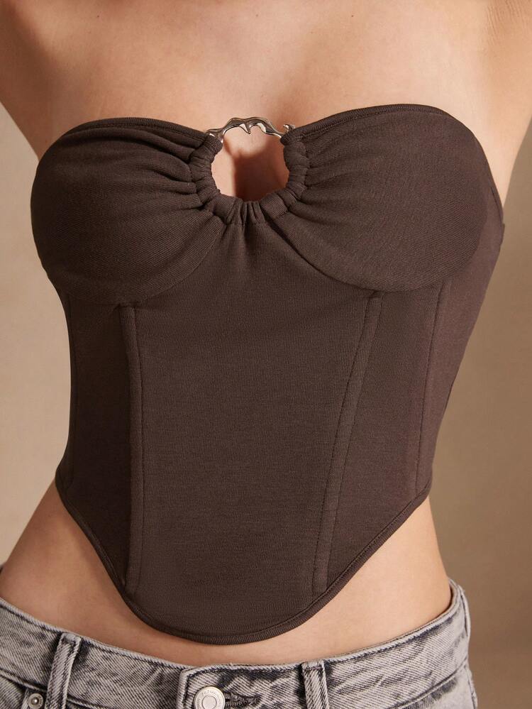 Metallic Buckle Women's Brown Sexy Corset Top In Fishbone Design