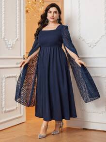 Modelyn 大尺碼女式開腳袖方領連身裙 - 藍色 - 查看 3