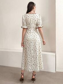 Modelyn Ladies' Short Sleeve Button Decorated Floral Dress - Apricot - View 2