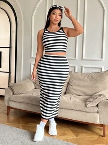 SHEIN EZwear Bộ 2 món dệt kim không tay sọc trắng đen cỡ lớn dành cho nữ - Đen và trắng - Xem 3