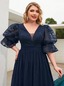 V領褶皺腰部花邊刺繡雪紡拼接禮服洋裝，配燈籠袖 - 藏蓝色 - 查看 5