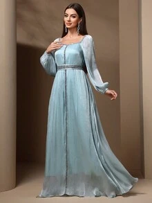 Solessence 女式优雅亮片拼接灯笼袖长裙，春夏，端庄 - 綠色 - 查看 6