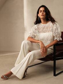 Anewsta Atractiva blusa de encaje para mujeres con mangas globas y cintura ajustada