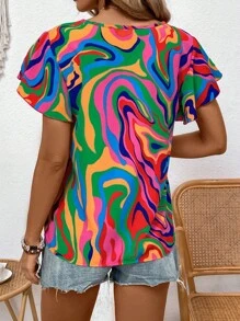 Breezaya Printed Random Cut V-Neck Ruffle Hem Short Sleeve Shirt For Spring/Summer Casual Outfit - Multicolor - View 2