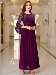 MIUSOL Đầm maxi dự tiệc trang trọng, đầm dự tiệc cưới, tay chuông ren hoa đính sequin, gấu váy xếp ly phối màu tương phản. - Màu Tím - Xem 7