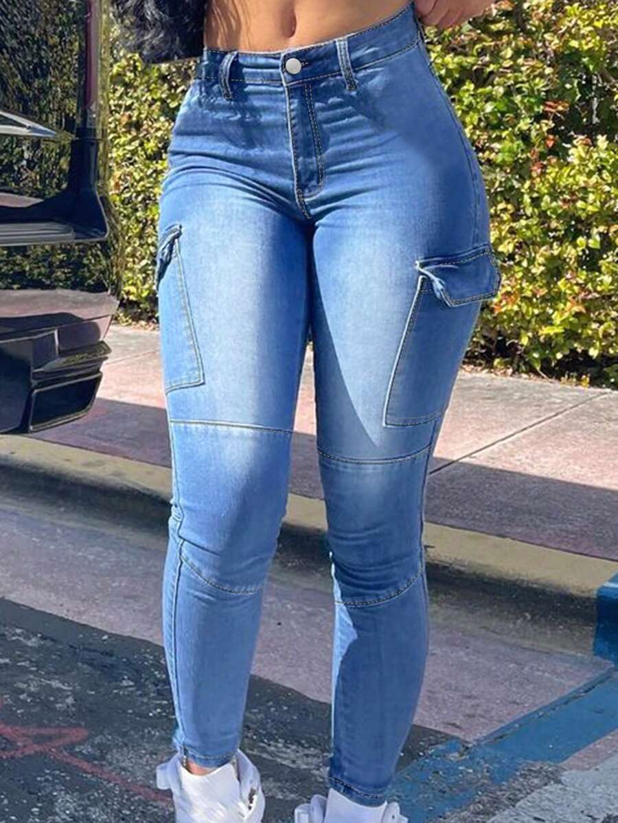Quần jeans cargo dáng skinny, túi nắp, kiểu dáng thường ngày, đã qua xử lý giặt. - Rửa trung bình - Xem 1