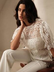 Anewsta Atractiva blusa de encaje para mujeres con mangas globas y cintura ajustada