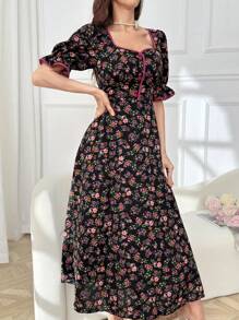 Modelyn 女士春夏休闲碎花甜心领喇叭袖连衣裙长款女士服装长款晚礼服 - 黑色 - 查看 5