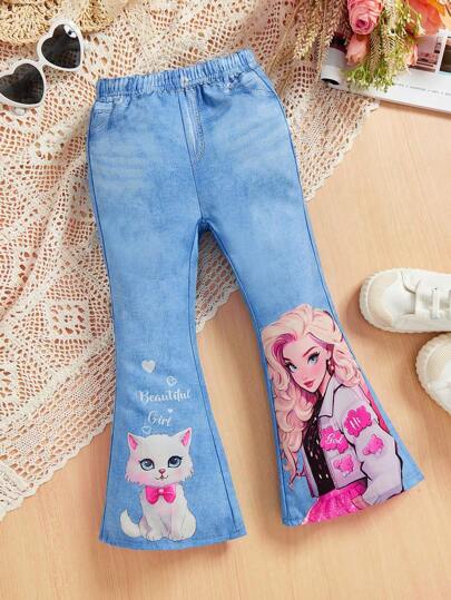 Young Girls Cartoon Letter Pattern Denim Effect Bell Bottoms Pants