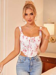 PARTHEA Floral Print Hanky Hem Zip Back Corset Tank Top - Multicolor - View 1