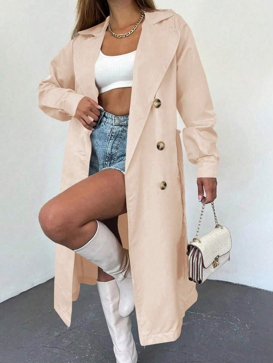 EURMUSE Solid Double Breasted Lapel Neck Belted Trench Coat - 米色 - 查看 1