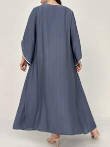 Al Najma Plus Size V-Neck Contrast Trim Split Sleeve Casual Modest Arabian Dress, Kaftan - Dusty Blue - View 2