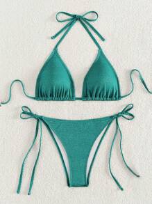Swim Mod Women's Solid Color Halter Strap Sexy Bikini Set For Vacation, Beach,Summer Beach - Green - View 3