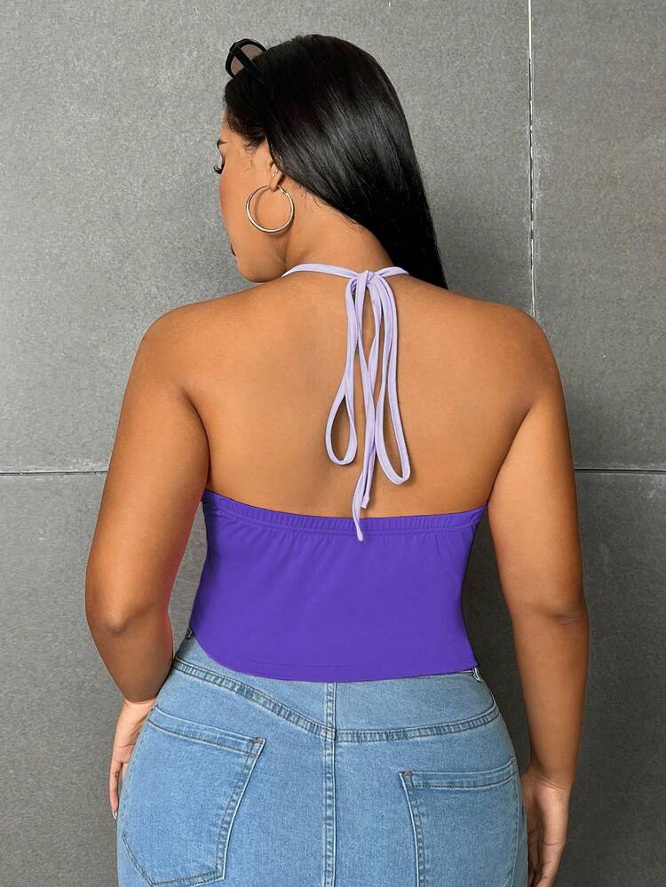 Plus Size Women's Summer Rainbow & Letter Print Halter Top For Casual Wear