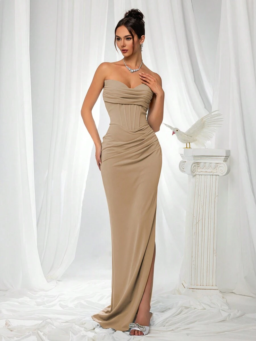 VIPGIRL Strapless Slit Elegant Women Party Evening Dress, Bridesmaid Dress - Màu Khaki - Xem 1