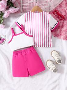 Fashionable Color Block Baby Girl Sleeveless Top, Shorts And Short Sleeve Jacket Set - Hot Pink - View 2