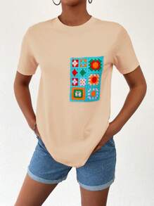 EURMUSE Maglietta A Maniche Corte Stampata Con Fiori Per Donna - Cachi - Visualizzare 1