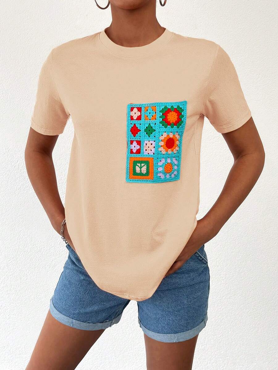 EURMUSE Maglietta A Maniche Corte Stampata Con Fiori Per Donna - Cachi - Visualizzare 1